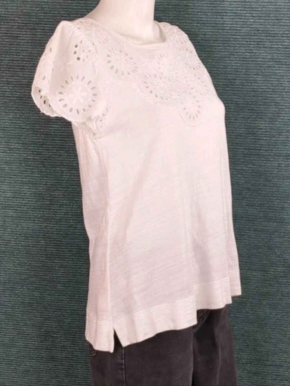 Loft White S. S. Tee Shirt With Eyelet Yoke & Sleeves